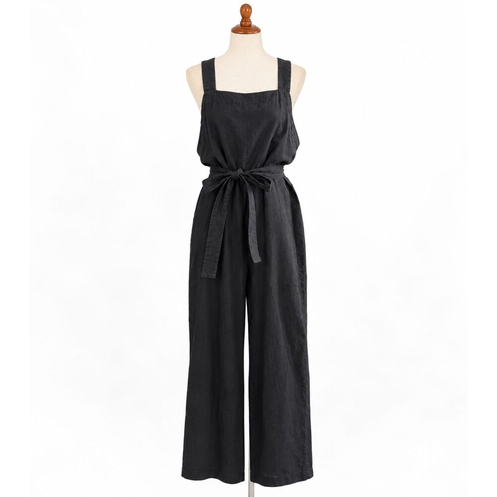 Everlane Womens 14 Black Linen Square Neck Jumpsuit Wide Leg Belted Minimalist
